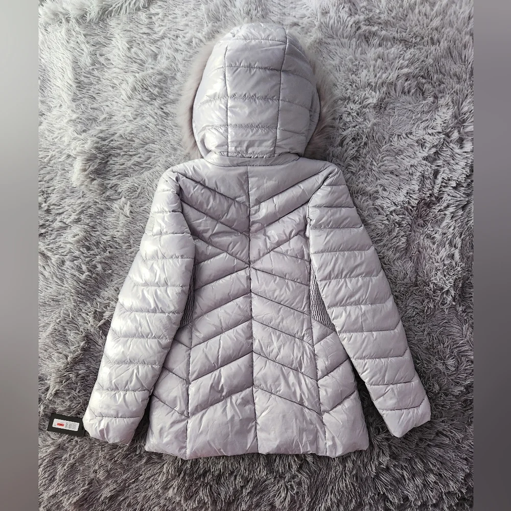 Silver Quilted Puffer Jacket with Faux Fur Hood